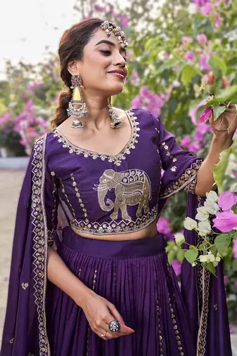 purple vichitra lehenga choli with heavy embroidery