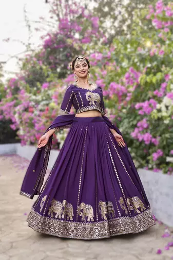 purple vichitra lehenga choli with heavy embroidery