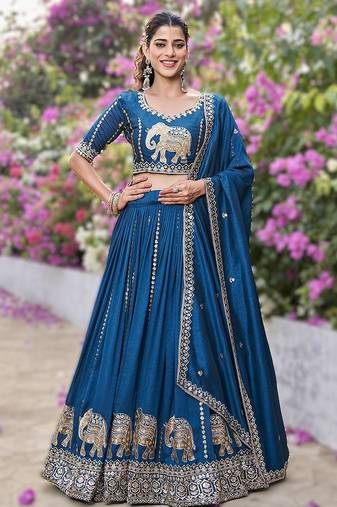 teal blue vichitra lehenga choli with heavy embroidery
