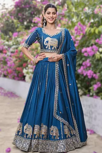 teal blue vichitra lehenga choli with heavy embroidery