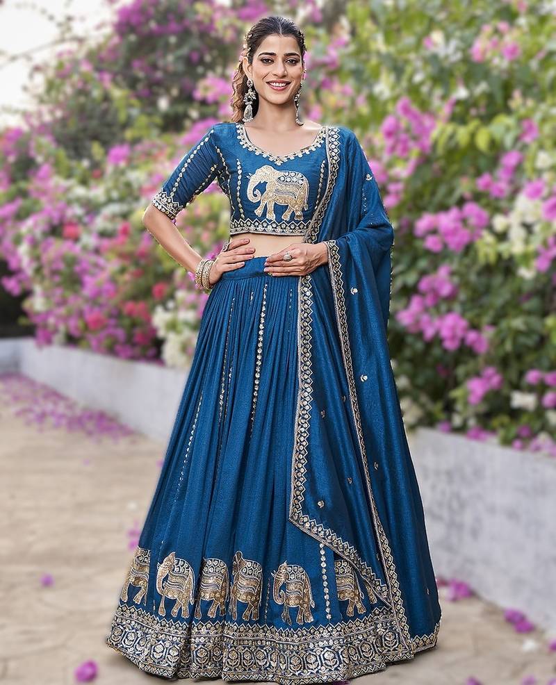 teal blue vichitra lehenga choli with heavy embroidery