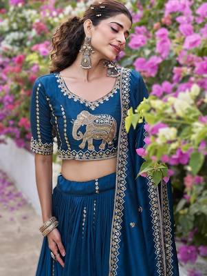 teal blue vichitra lehenga choli with heavy embroidery 2