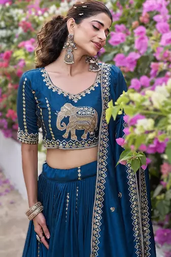 teal blue vichitra lehenga choli with heavy embroidery
