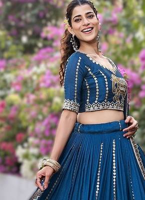 teal blue vichitra lehenga choli with heavy embroidery 3
