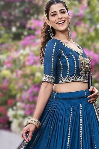 teal blue vichitra lehenga choli with heavy embroidery