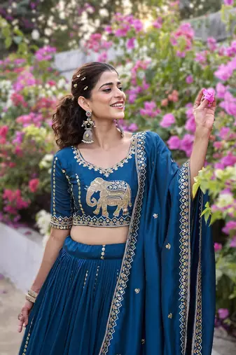 teal blue vichitra lehenga choli with heavy embroidery