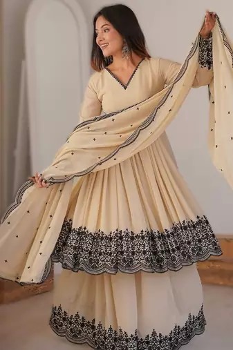 Off white premium faux georgette embroidered readymade suit with plazzo & dupatta