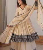 Off white premium faux georgette embroidered readymade suit with plazzo & dupatta