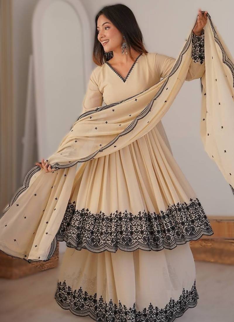 Off white premium faux georgette embroidered readymade suit with plazzo & dupatta