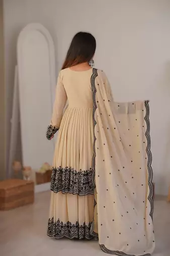 Off white premium faux georgette embroidered readymade suit with plazzo & dupatta