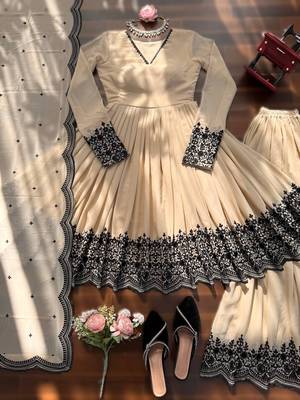 Off white premium faux georgette embroidered readymade suit with plazzo & dupatta 3