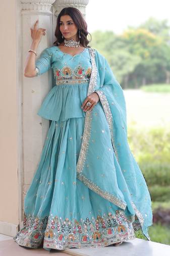 sky blue gold crush lehenga choli with zari embroidery