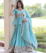 sky blue gold crush lehenga choli with zari embroidery
