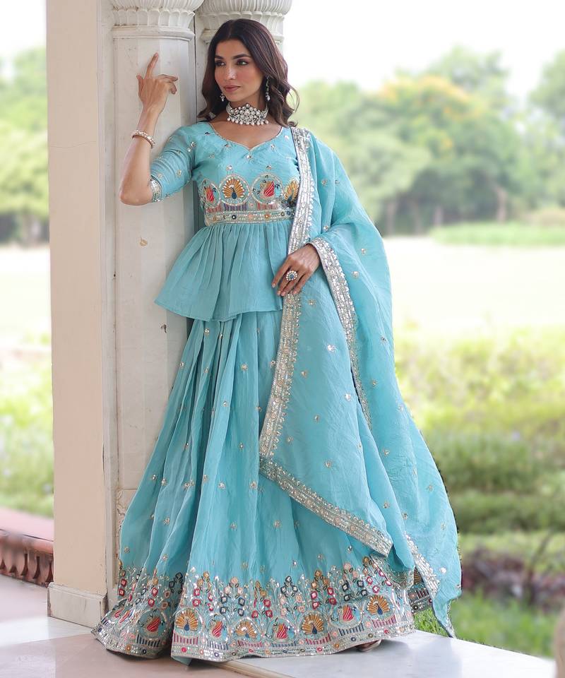 sky blue gold crush lehenga choli with zari embroidery