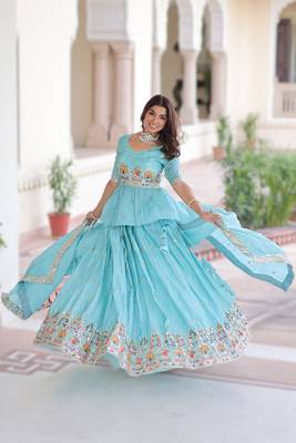 sky blue gold crush lehenga choli with zari embroidery 2