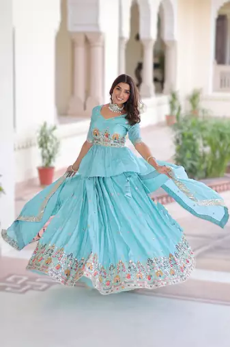 sky blue gold crush lehenga choli with zari embroidery