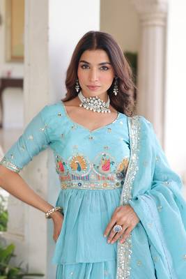 sky blue gold crush lehenga choli with zari embroidery 3