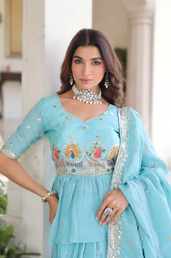 sky blue gold crush lehenga choli with zari embroidery
