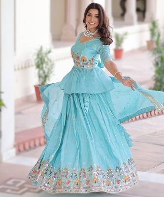 sky blue gold crush lehenga choli with zari embroidery 4
