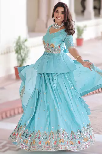 sky blue gold crush lehenga choli with zari embroidery