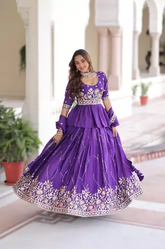 purple gold crush lehenga choli with zari embroidery