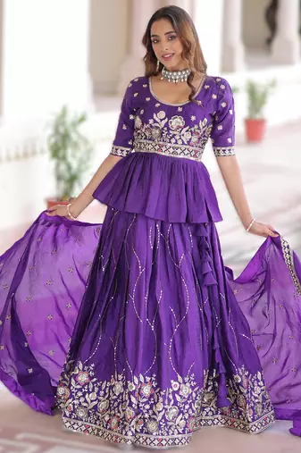 purple gold crush lehenga choli with zari embroidery