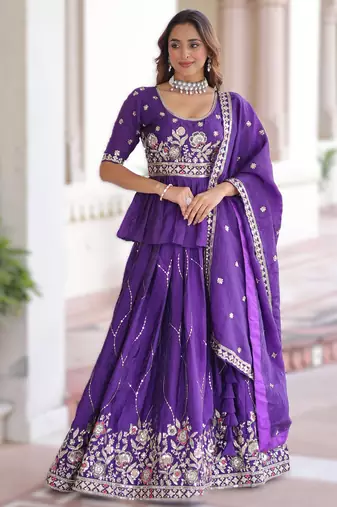 purple gold crush lehenga choli with zari embroidery