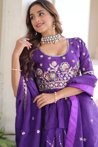 purple gold crush lehenga choli with zari embroidery