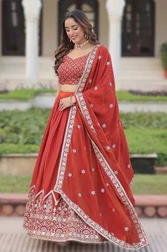 orange vichitra silk circular lehenga with sequins work