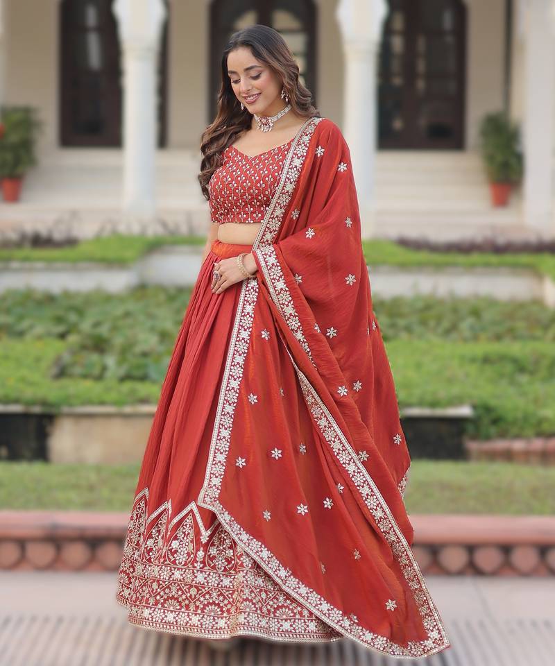 orange vichitra silk circular lehenga with sequins work