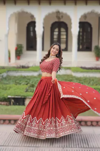 orange vichitra silk circular lehenga with sequins work