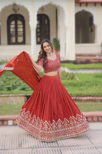 orange vichitra silk circular lehenga with sequins work