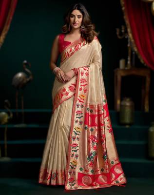 chiku premium tissue paithani saree with lotus zari border & pum pum 1