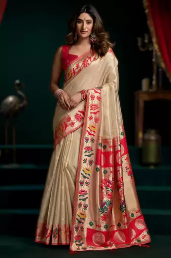 chiku premium tissue paithani saree with lotus zari border & pum pum