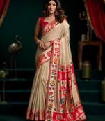 chiku premium tissue paithani saree with lotus zari border & pum pum