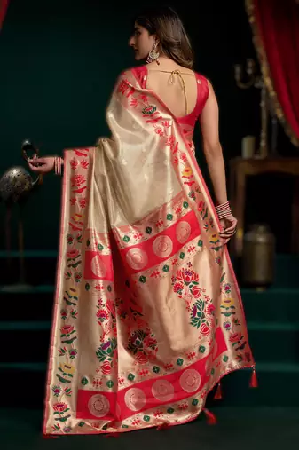 chiku premium tissue paithani saree with lotus zari border & pum pum