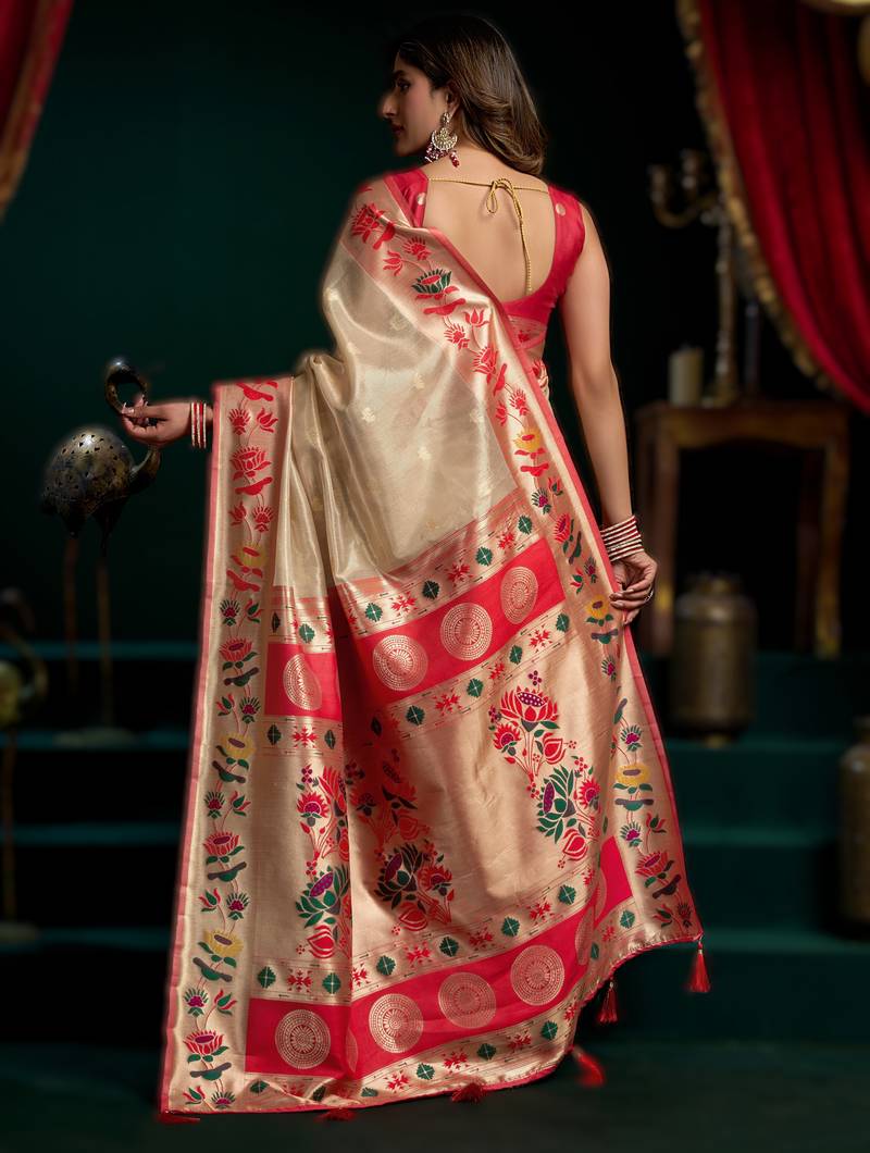 chiku premium tissue paithani saree with lotus zari border & pum pum