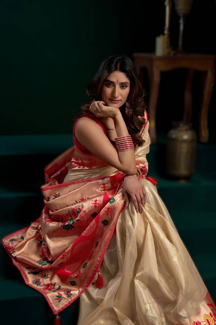 chiku premium tissue paithani saree with lotus zari border & pum pum