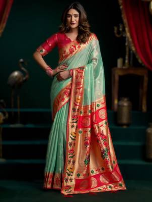 sea green premium tissue paithani saree with lotus zari border & pum pum 1