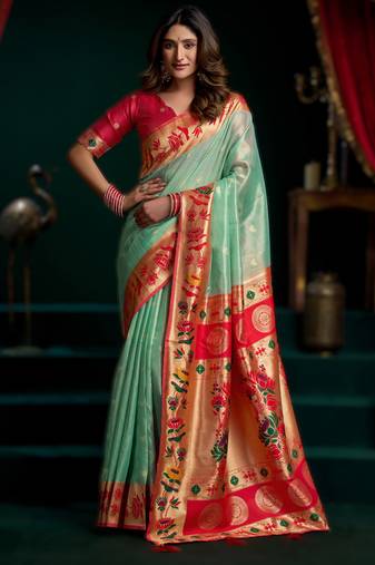 sea green premium tissue paithani saree with lotus zari border & pum pum