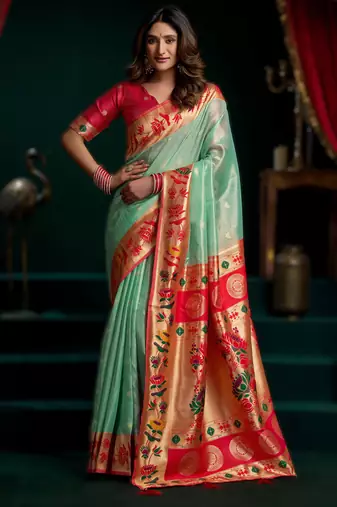 sea green premium tissue paithani saree with lotus zari border & pum pum