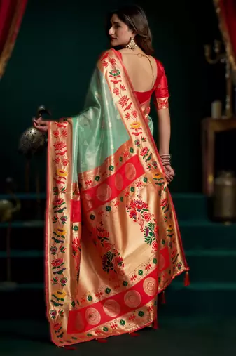 sea green premium tissue paithani saree with lotus zari border & pum pum