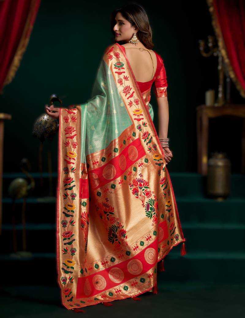 sea green premium tissue paithani saree with lotus zari border & pum pum