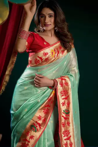 sea green premium tissue paithani saree with lotus zari border & pum pum