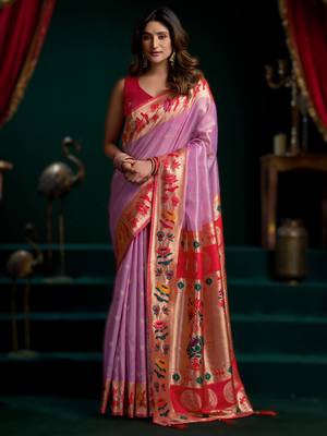 Onion pink premium tissue paithani saree with lotus zari border & pum pum 1