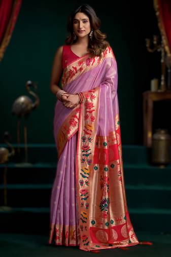 Onion pink  premium tissue paithani saree with lotus zari border & pum pum