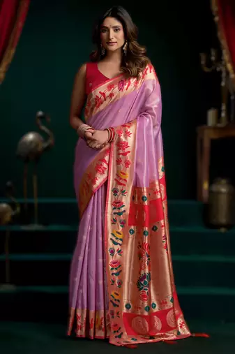 Onion pink  premium tissue paithani saree with lotus zari border & pum pum