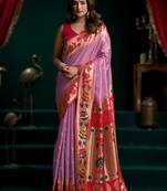 Onion pink  premium tissue paithani saree with lotus zari border & pum pum