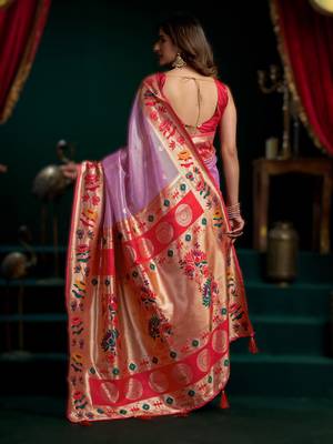 Onion pink premium tissue paithani saree with lotus zari border & pum pum 2