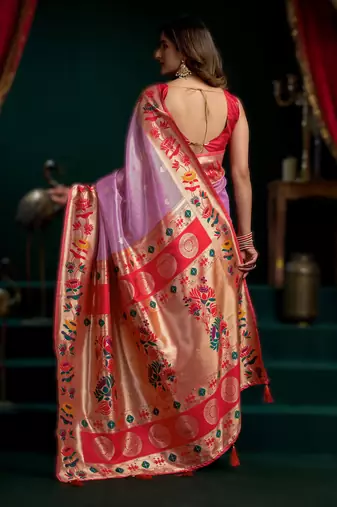 Onion pink premium tissue paithani saree with lotus zari border & pum pum